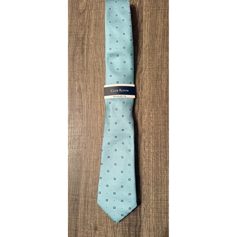 Club Room Mens Regular Tie Light Blue Geometric Square Pattern New